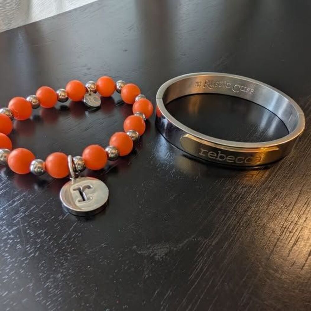 Rustic Cuff "Rebecca" Vibrant Orange and Silver Bangle Set